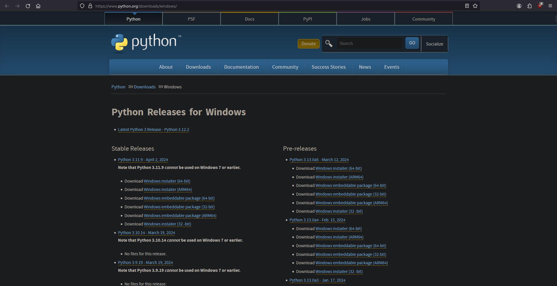 Python.org Download Page in Firefox